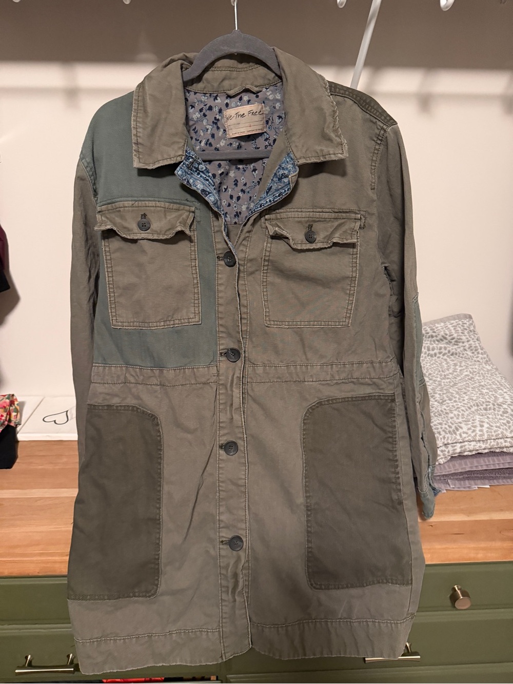 Free People Olive Green Patchwork Military Field Coat